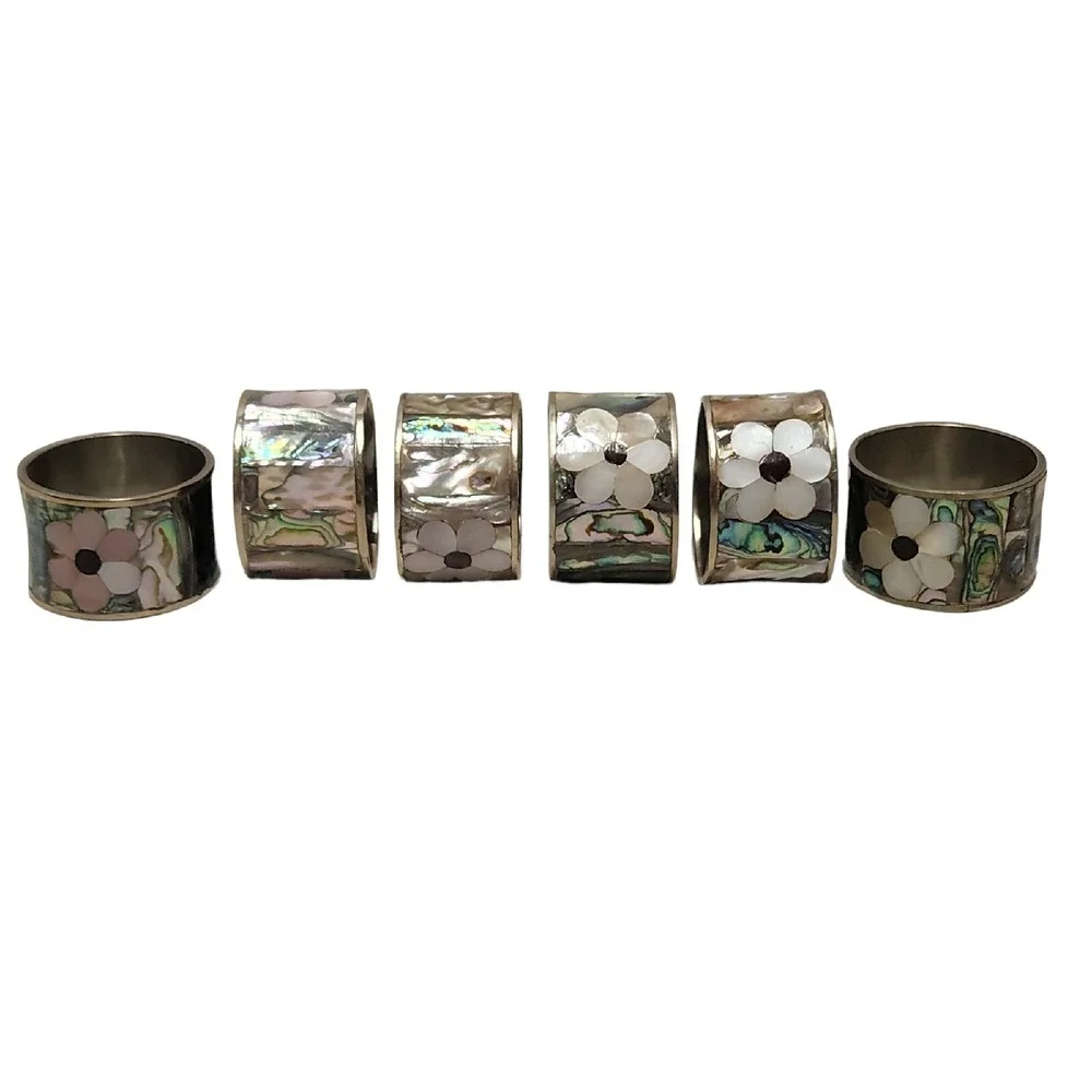 VINTAGE ABALONE Flowers MOTHER OF PEARL NAPKIN RING SET‎ 6 Silver Mexico